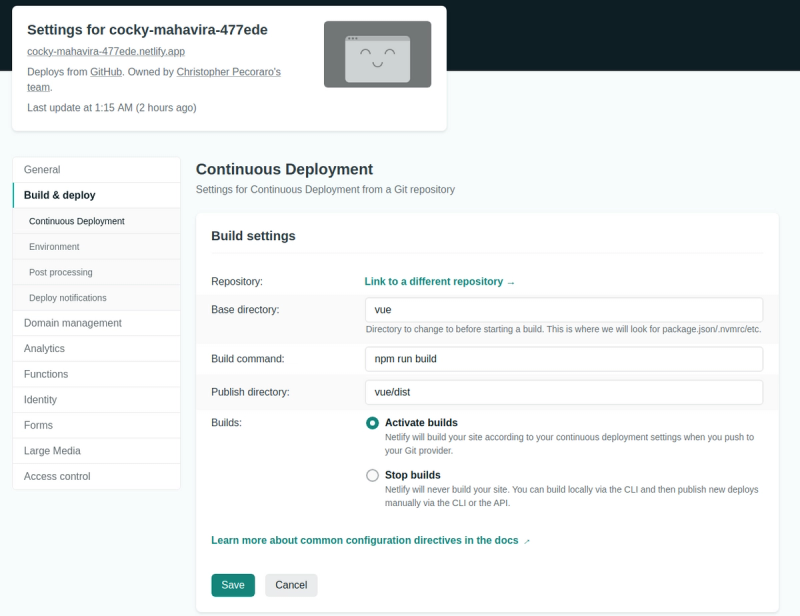 Screenshot of Netlify's continuous deployment build settings interface