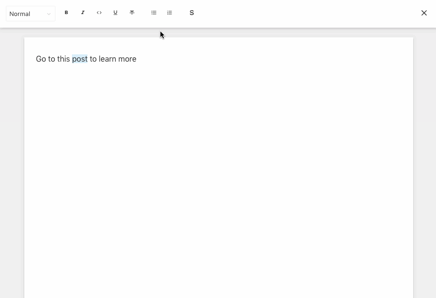 Animation of adding an internal link in the editor for Portable Text