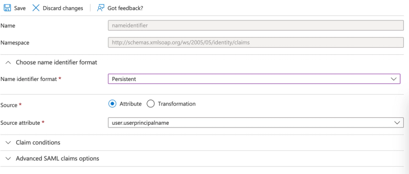 Change the Name identifier format to Persistent.