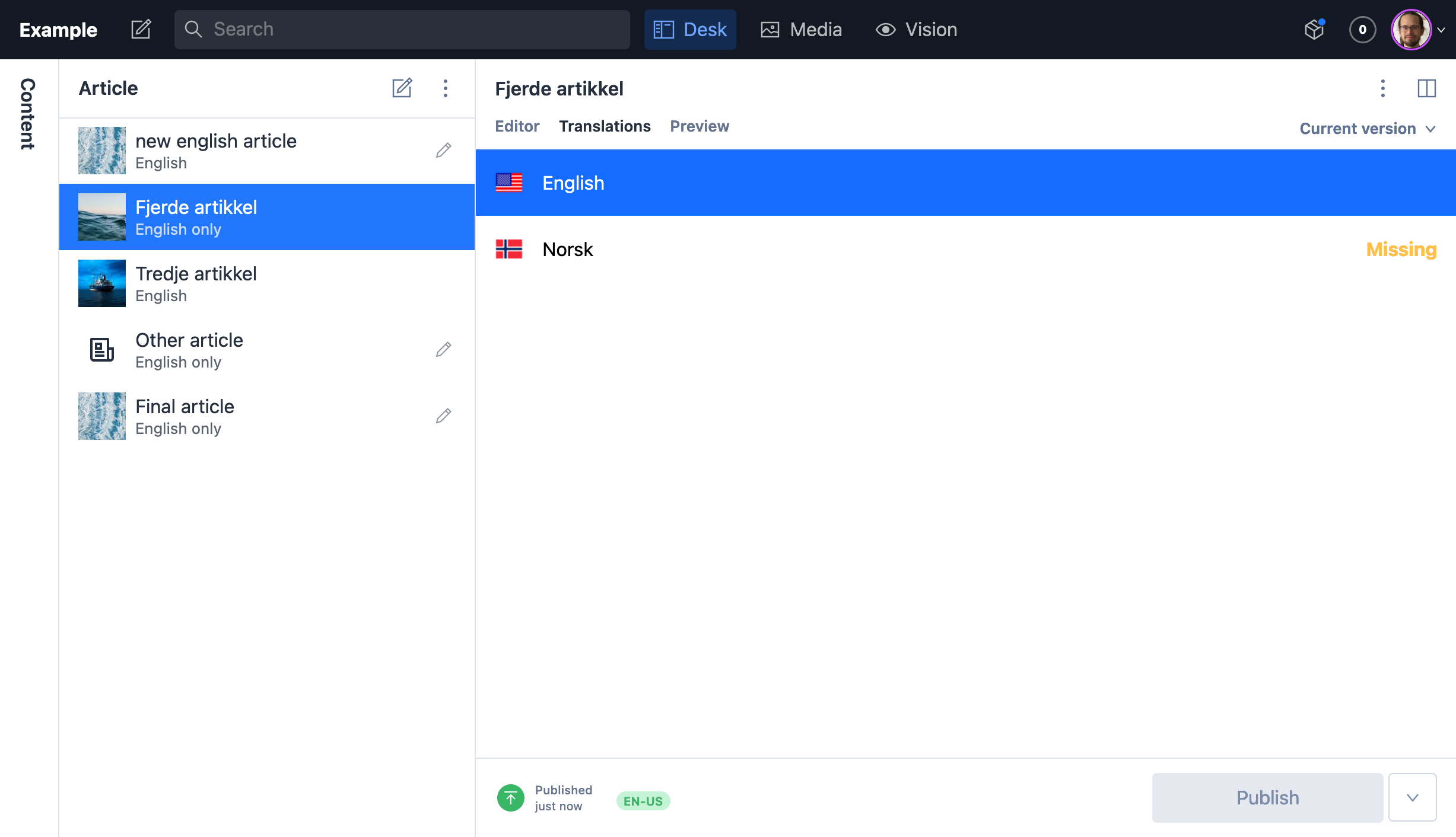 Screenshot of the sanity studio where the translations tab for a document has been clicked.