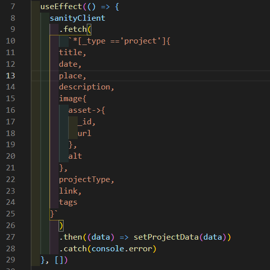 GROQ query in a useEffect hook within the React component to display the projects