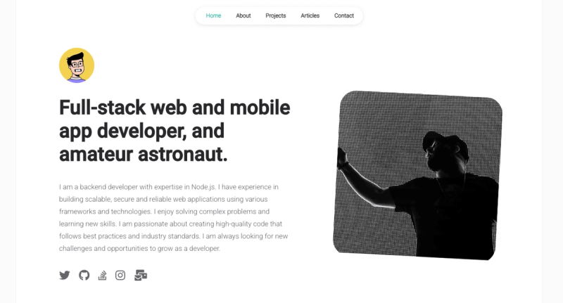 A developer portfolio template featuring a man holding a cell phone in the picture.