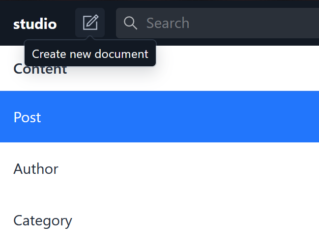 "Create new document" hover on button in Sanity Studio