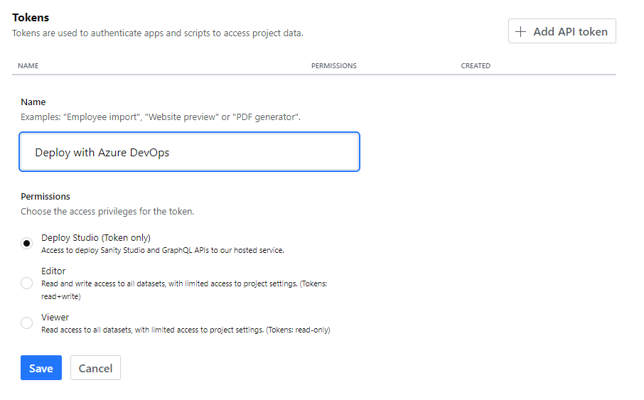 Sanity's dashboard for managing tokens
