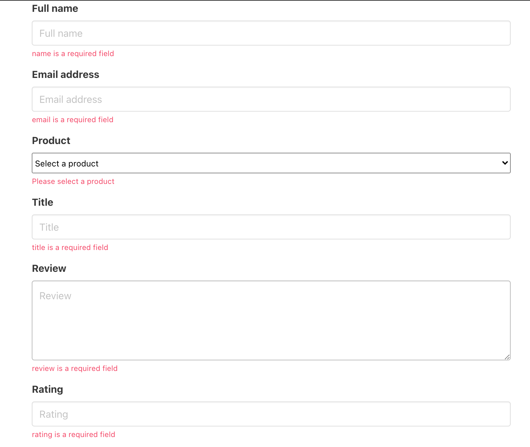 Error if fields are not filled out. Example of one, "name is require field"