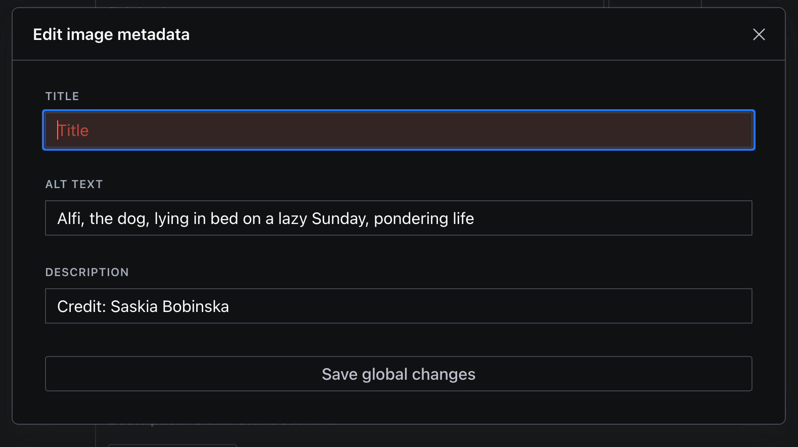 Screenshot of the modal with missing title field