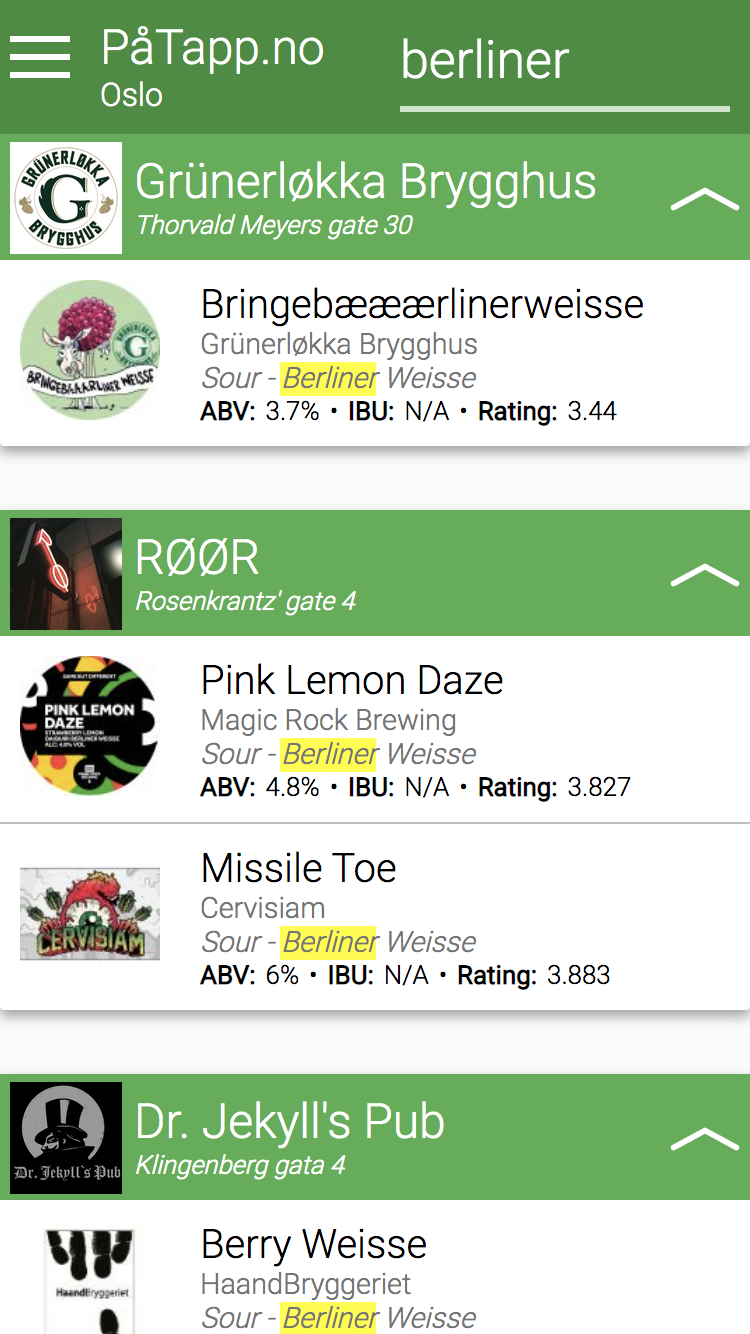 Filtered view of beers matching search phrase "berliner" (as in "Berliner Weisse")