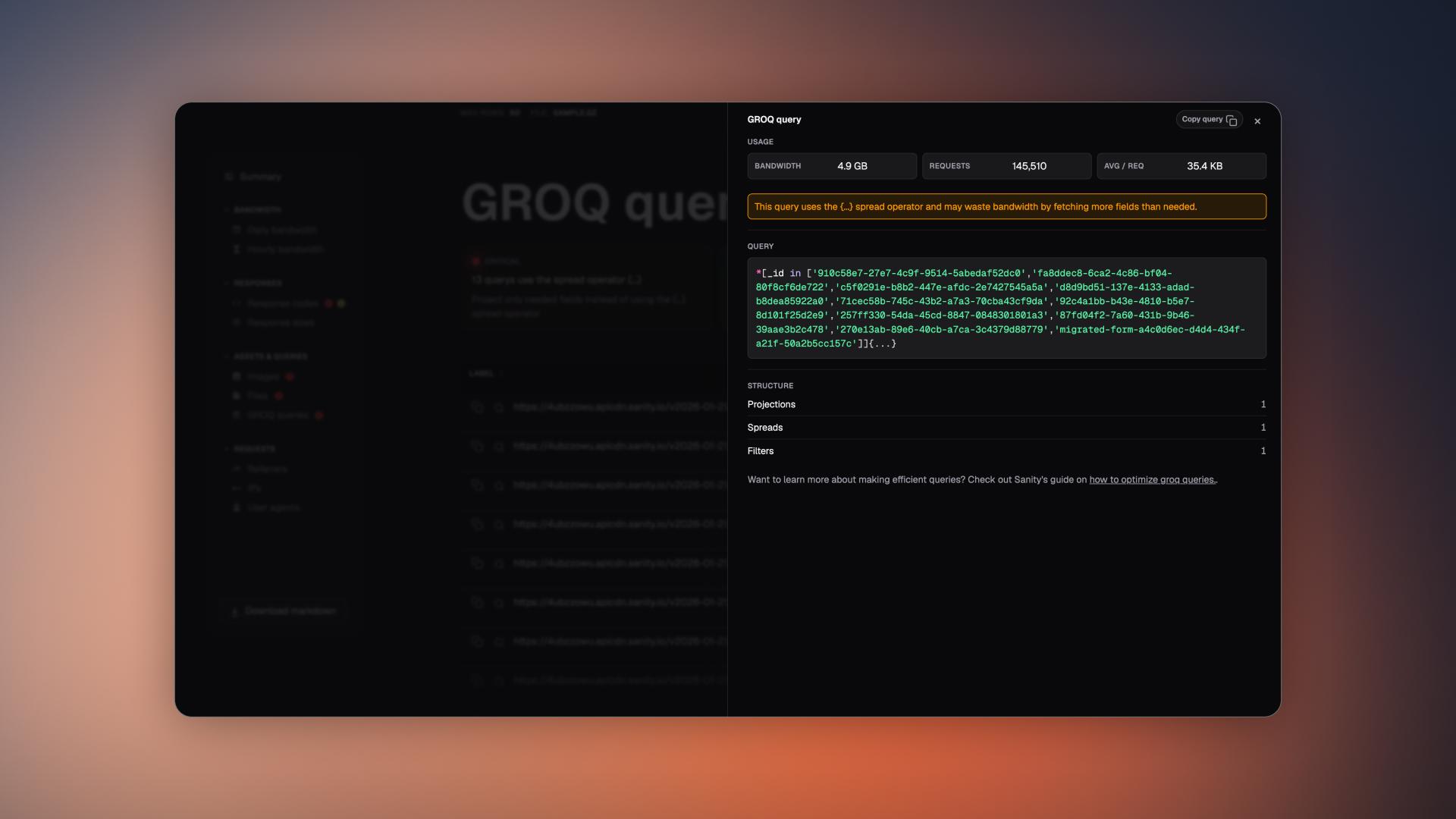 Dark-mode UI for GROQ query showing the projections and pieces that make it up