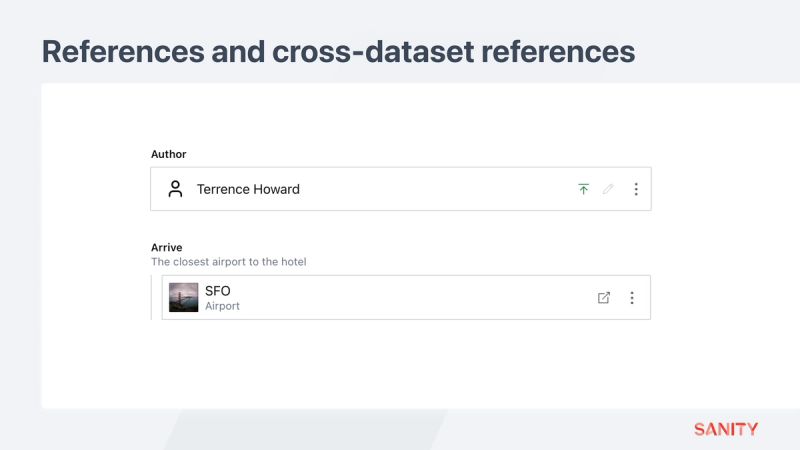 The top reference field targets a document in the same dataset. The bottom is a cross-dataset reference that exists in the global dataset.