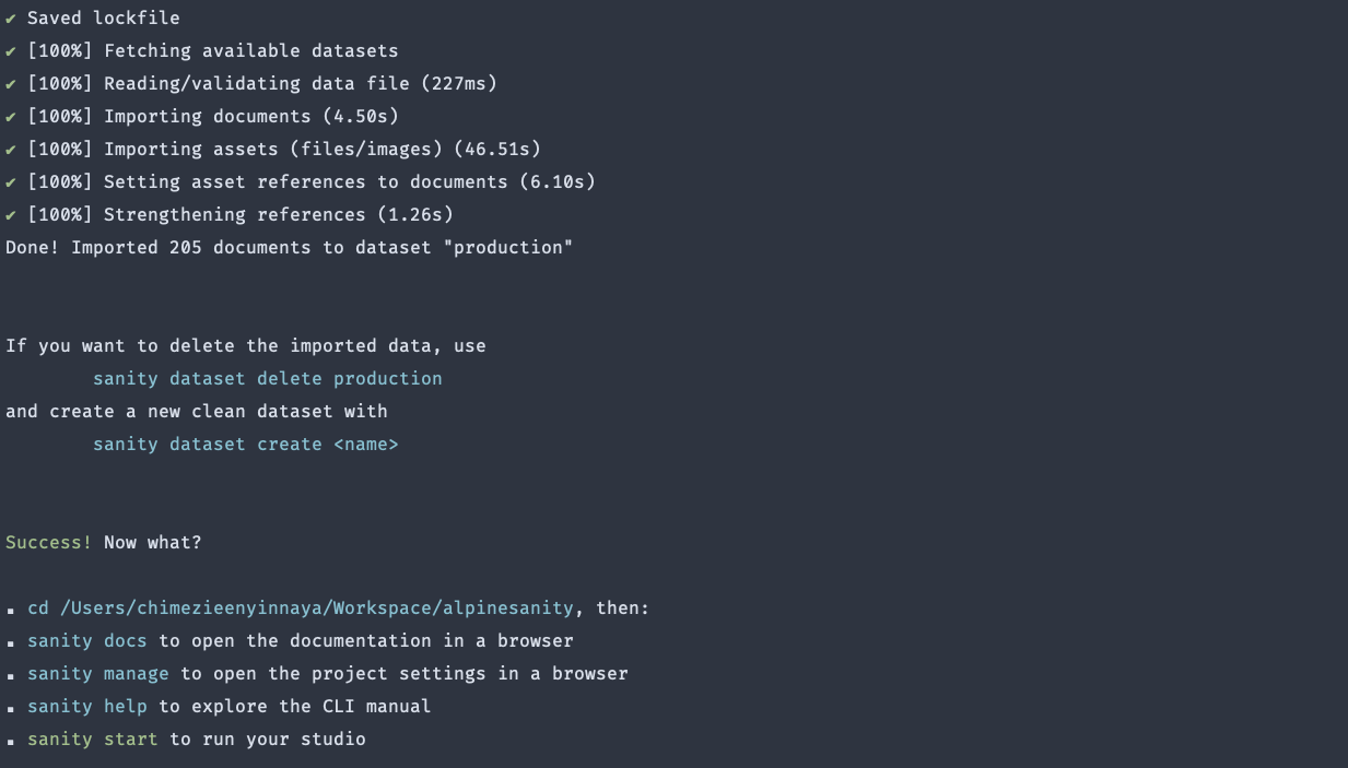 Creating a new project with Sanity CLI (continued)