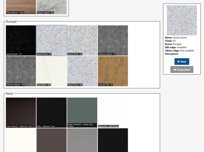 Laminate colour selection screen