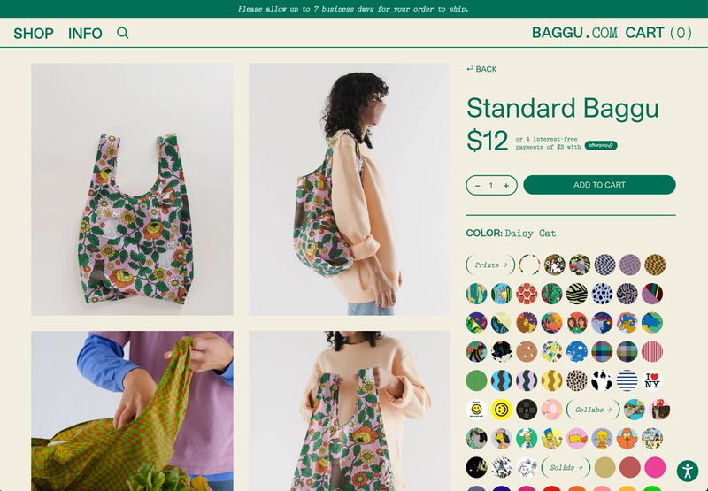 A product landing is actually just a color'd product view, the data like `Standard Baggu` is actually a parent association, images are coming from Shopify but also saved into Sanity for reference, color/print pickers are set up in a Colorway content type