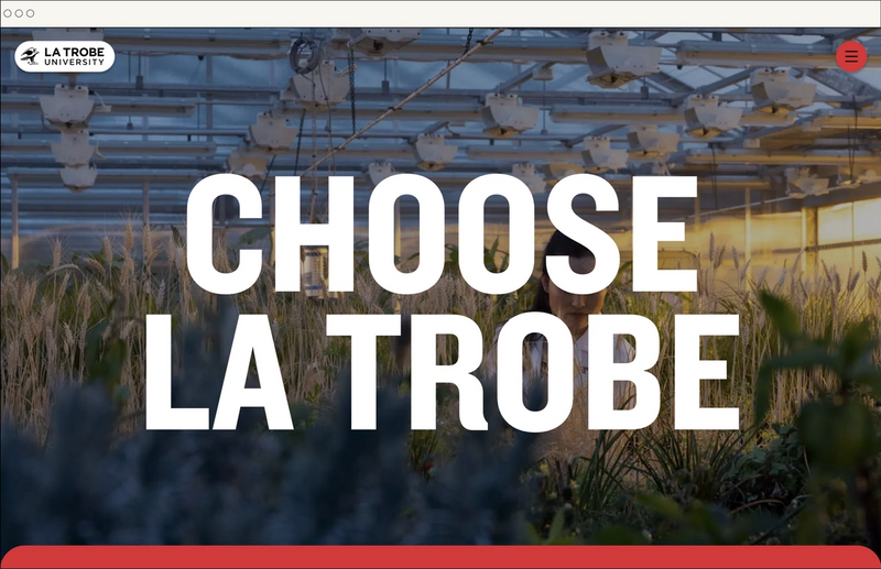The first module on the home page of the Choose La Trobe website. Big text: 'Choose La Trobe' against a background image of a woman in a futuristic farm. 