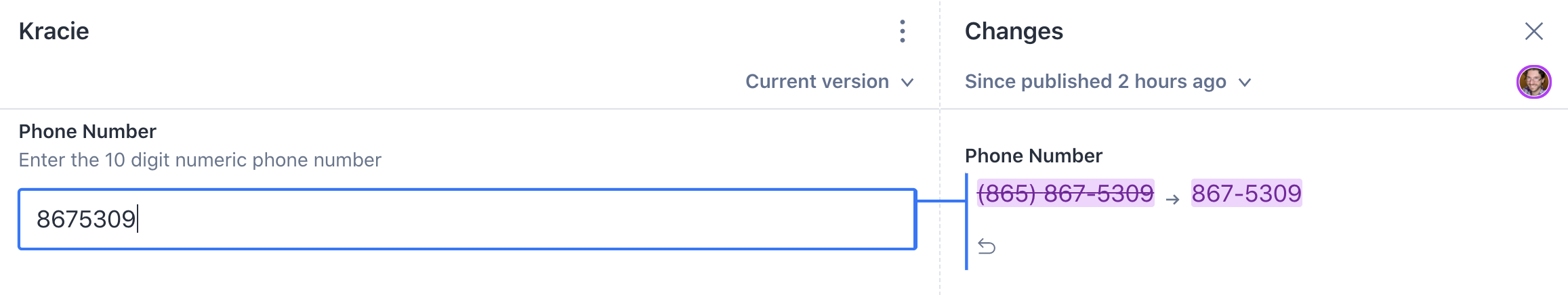 A diff showing the shortening of a phone number that conditionally formats the number.