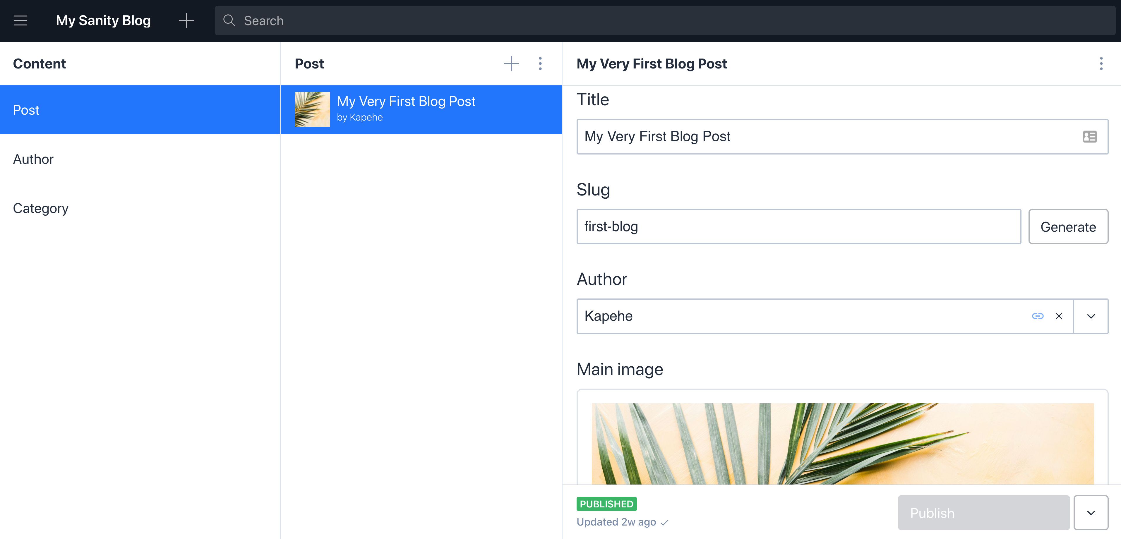 Creating first blog post in Sanity Studio and filling in text fields