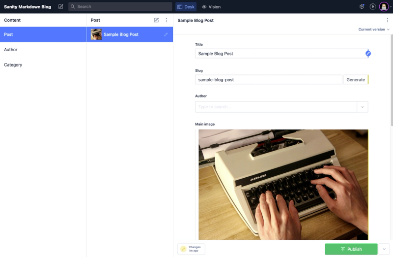 A screenshot of Sanity Studio with blog content entered