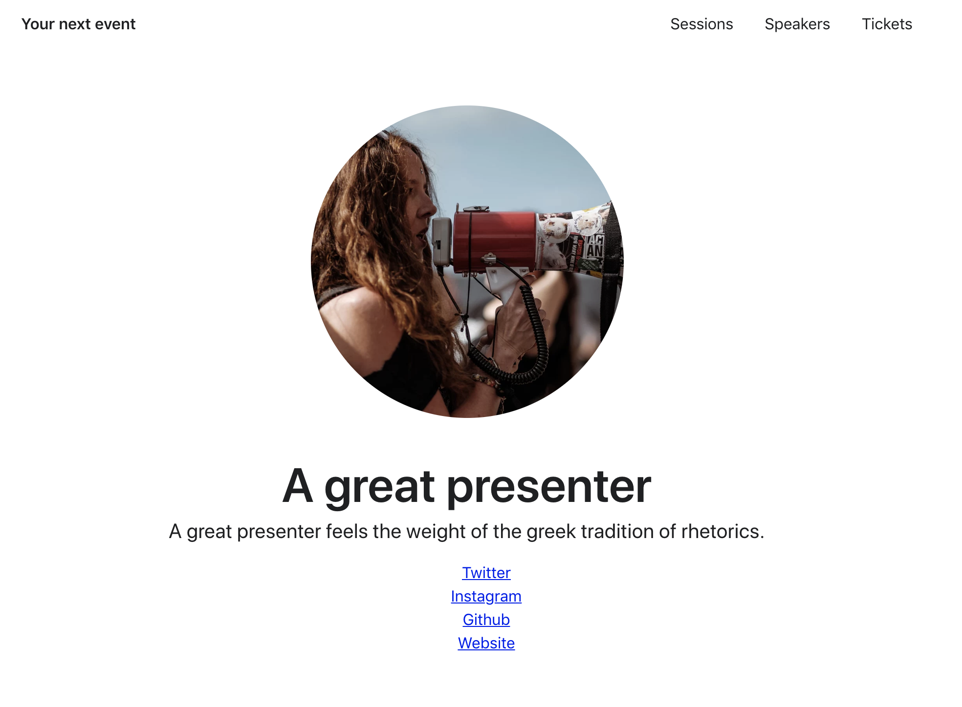The speakers profile page with a photo, name, a short description, and the list of social media links