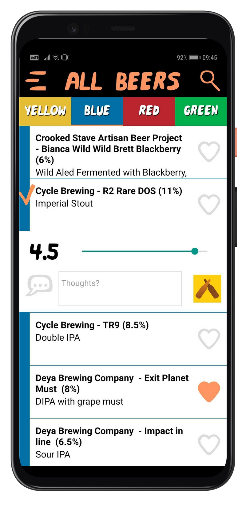 Mobile app with list of beers. Rating slider, "favorite" toggle, comment field and ability to check beer in on Untappd