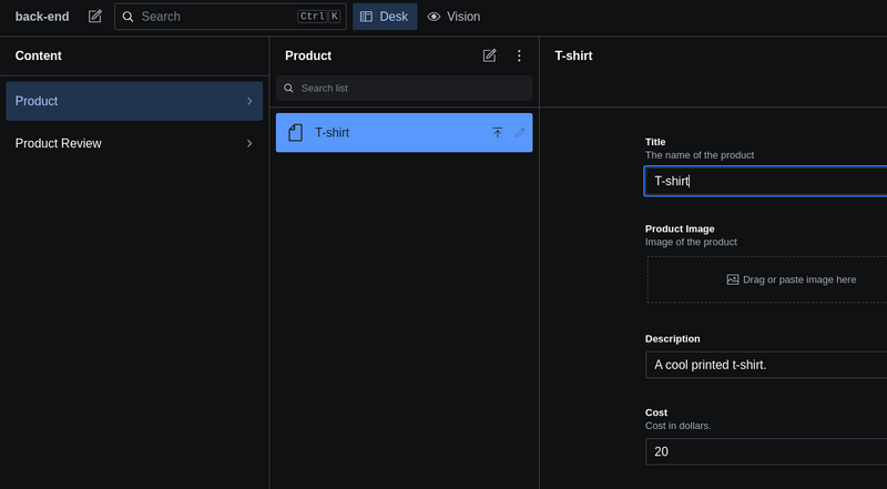 Screenshot of a Sanity studio in dark mode showing a product named t-shirt