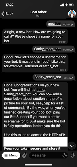 Screenshot of interaction with the botfather to set up new bot