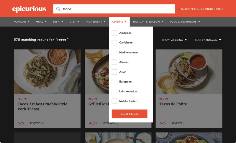 Screenshot of the Epicurious website on a search result for "taxos", showing the Cuisine filter menu, with American, Caribbean, Mediterranean, African, Asian, European, Latin American, and Middle Eastern labels.