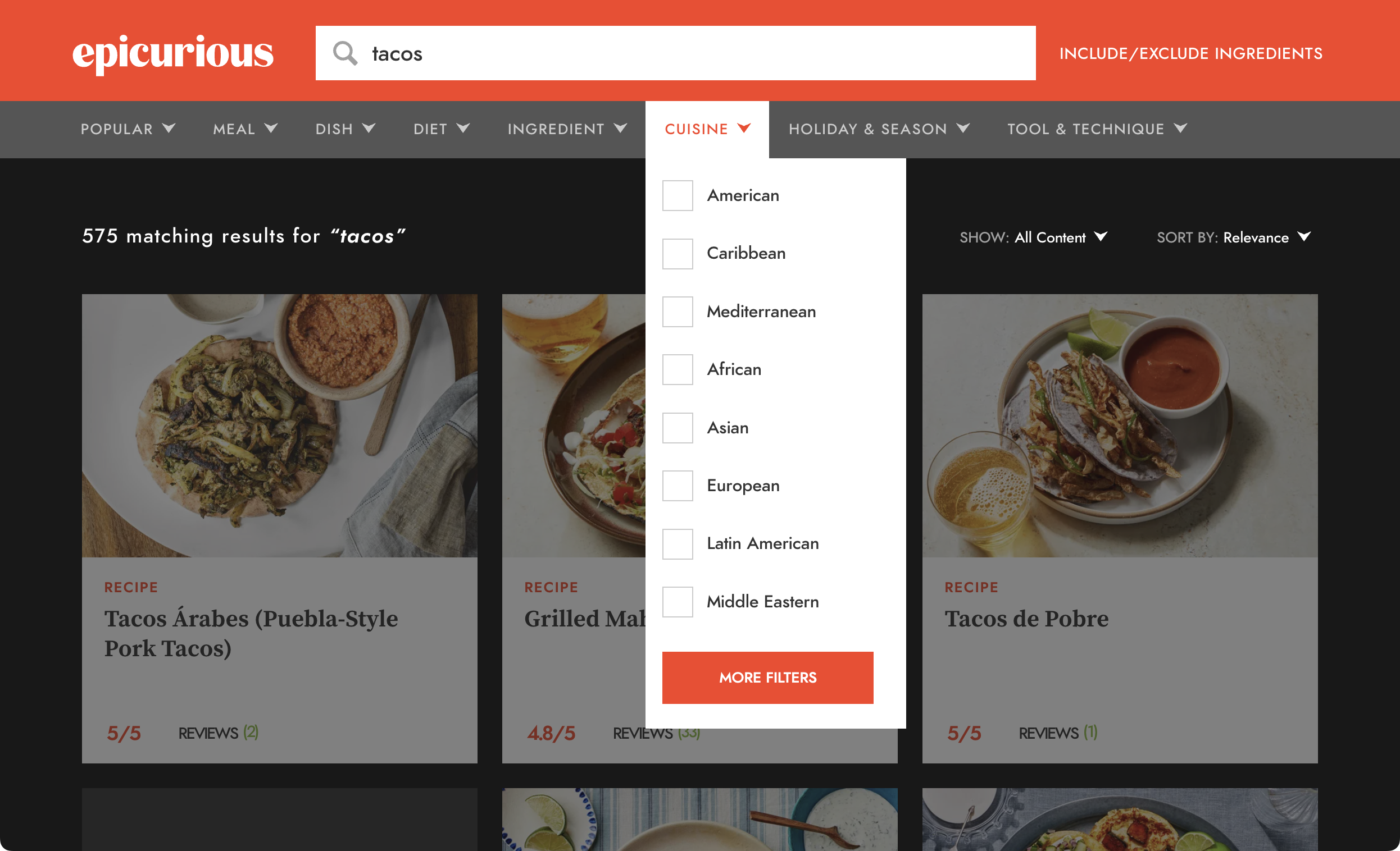 Screenshot of the Epicurious website on a search result for "taxos", showing the Cuisine filter menu, with American, Caribbean, Mediterranean, African, Asian, European, Latin American, and Middle Eastern labels.