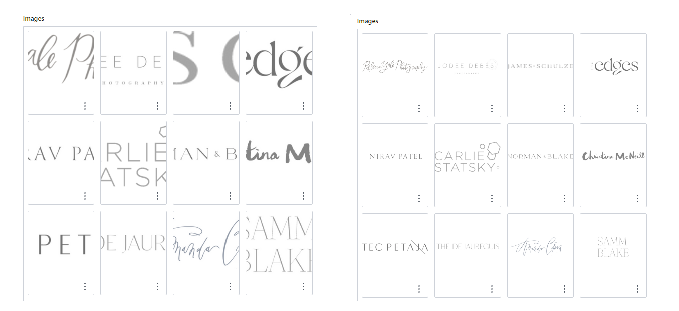 On the left is a graphic that shows the default presentation for an array of image fields using the grid layout. On the right is the same grid, adjusted so that the preview images are uncropped.