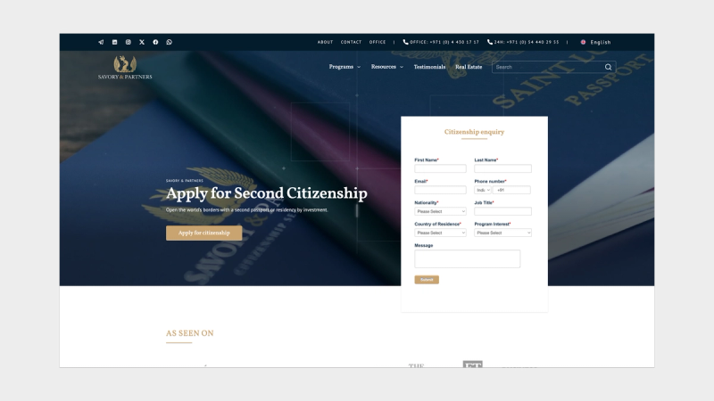 The image shows a screenshot from the Savory & Partners website, highlighting key facts and statistics about the company. It states that Savory & Partners has helped over 10,000 families get approved, has 15+ years of proven expertise, speaks 21 languages, and has a 100% acceptance rate. The company employs 70 experts across 8 offices in 3 continents.