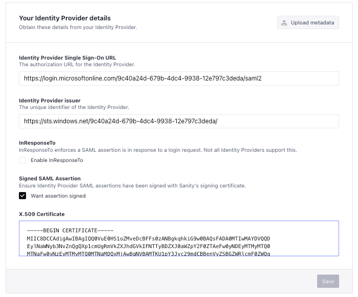 Sanity SSO settings