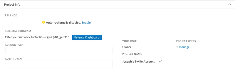 Twilio dashboard showing 'ACCOUNT SID' and 'AUTH TOKEN'