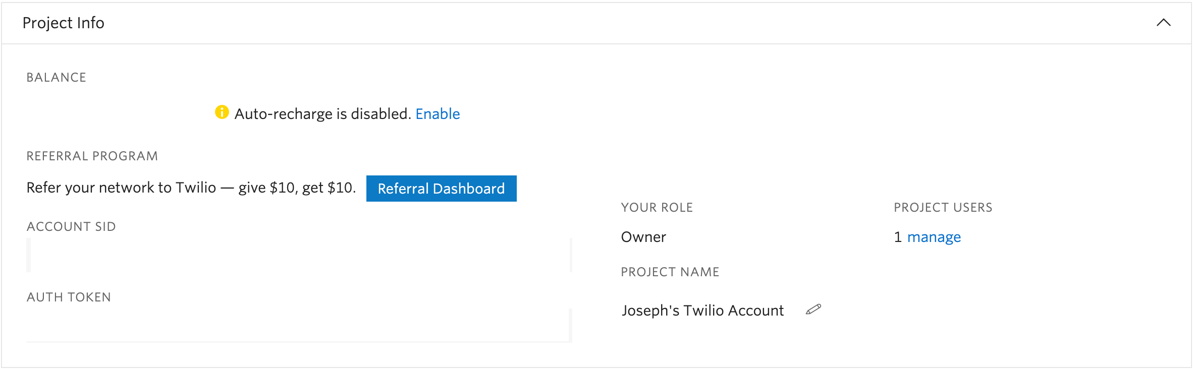 Twilio dashboard showing 'ACCOUNT SID' and 'AUTH TOKEN'