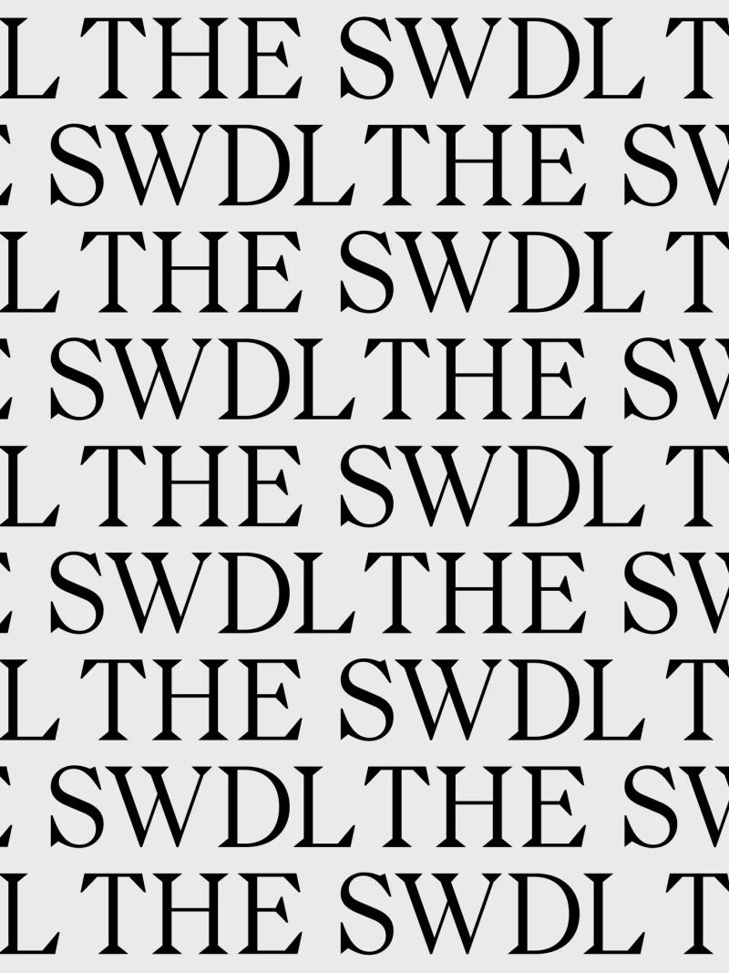 A collage of repeating rows of the new 'THE SWDL' wordmark