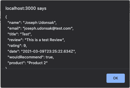 User data we get back after the form is submitted correctly.