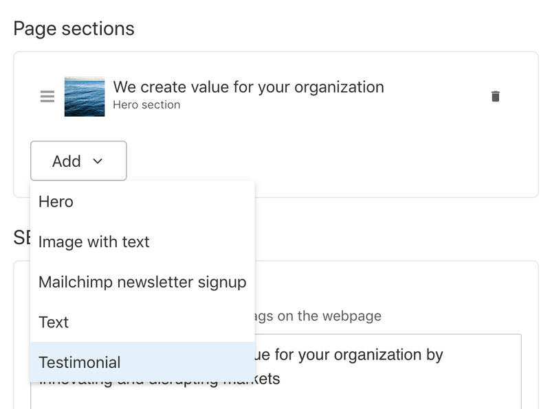 An open menu from the page sections add button. The testimonial type is selected.