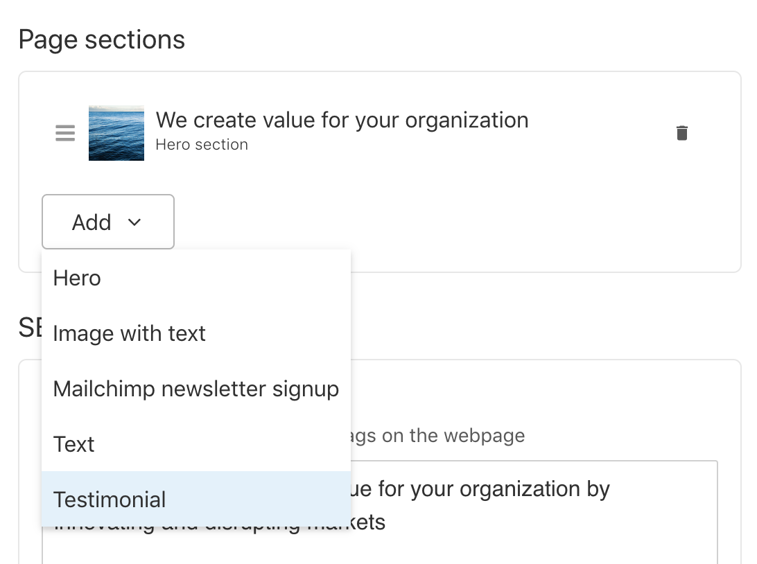 An open menu from the page sections add button. The testimonial type is selected.