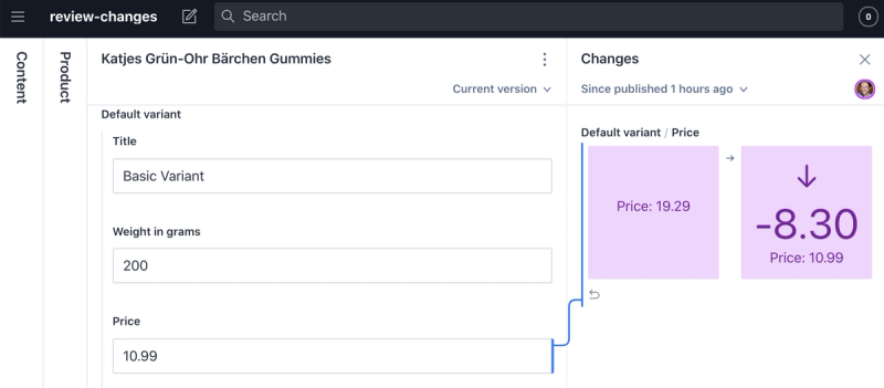 Sanity Studio with Review Changes activated showing price changes