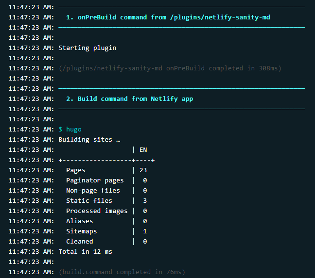 A build log from Netlify telling us the site was built successfully.