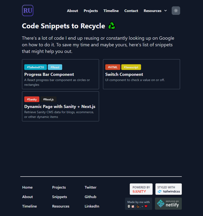 The main snippets page showcasing a list of code-snippets taken from Sanity