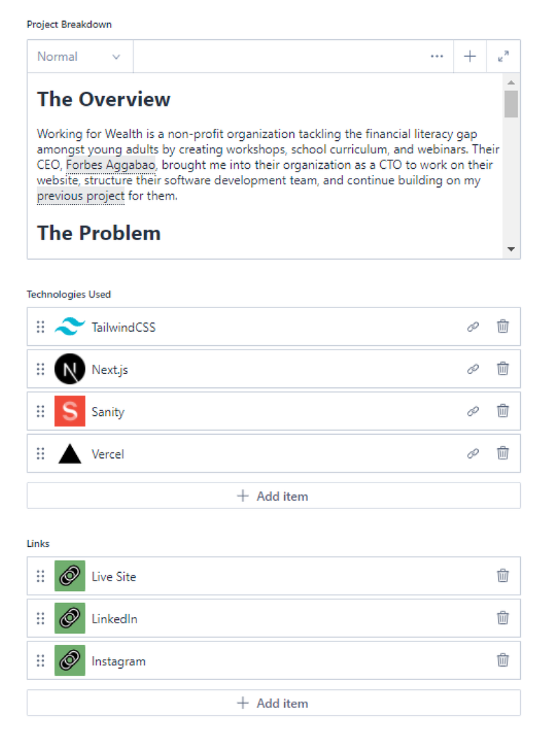 The project overview write up including links and tagged technology to mention with a project.