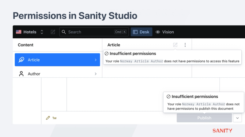 With this role, you cannot view, create or publish documents in any environment in the US team workspace. In the Norway team workspace, you can only view and create “article” type documents in the “production” environment. In the “development” environment, you can also publish. All other types are hidden.