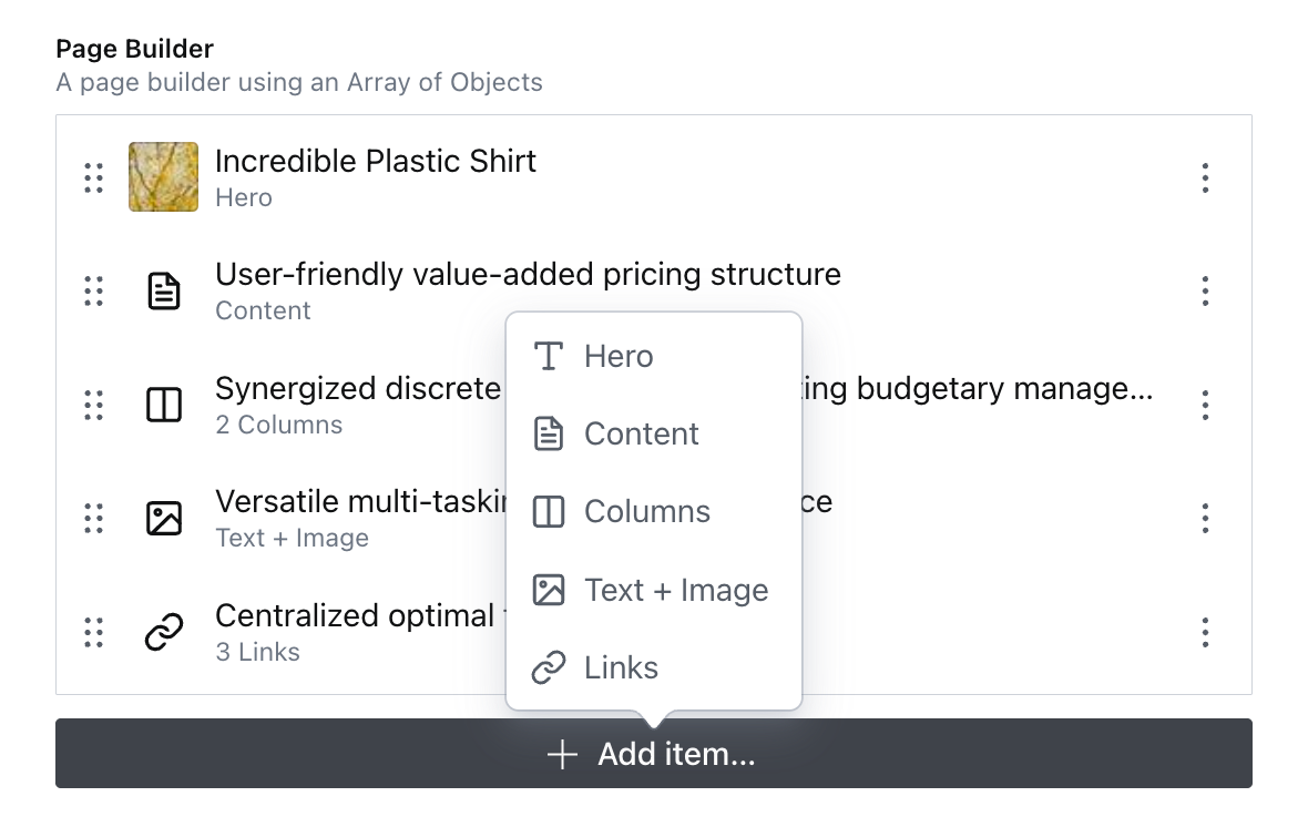 Sanity Studio Array input showing "add item" menu open