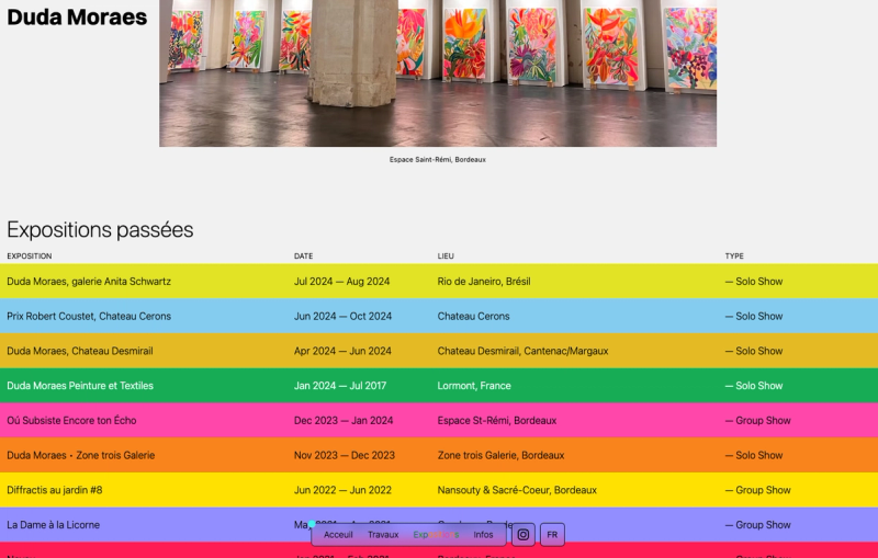 Exhibtions page as a colorfull list