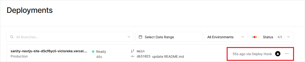 deploy hook triggering deployment on Vercel