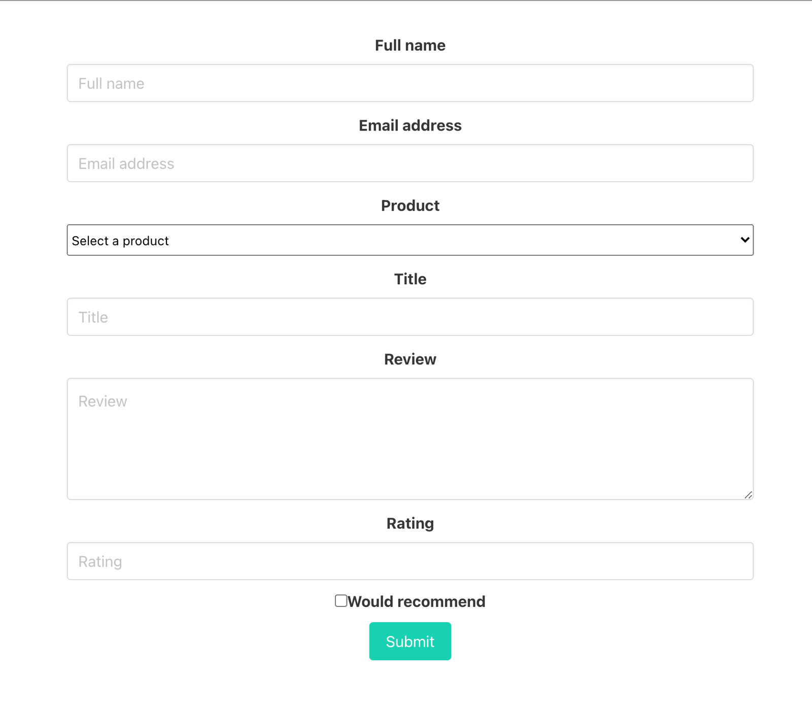 View of our app. Full name, email address, product, title, review, and rating fields