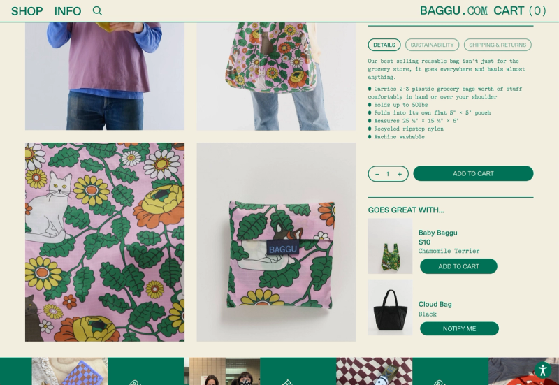 Additional data like details, sustainability, and shipping as well as global upsell types* are set at the Standard Baggu parent level, however ever product inside of Standard Baggu will use this same information, unless explicitly overrode at the product map level.