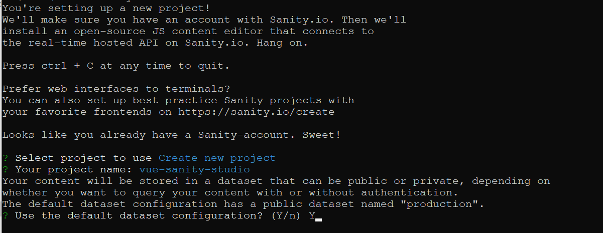 Terminal view of starting a Sanity project