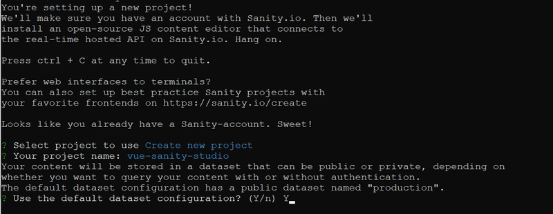 Terminal view of starting a Sanity project