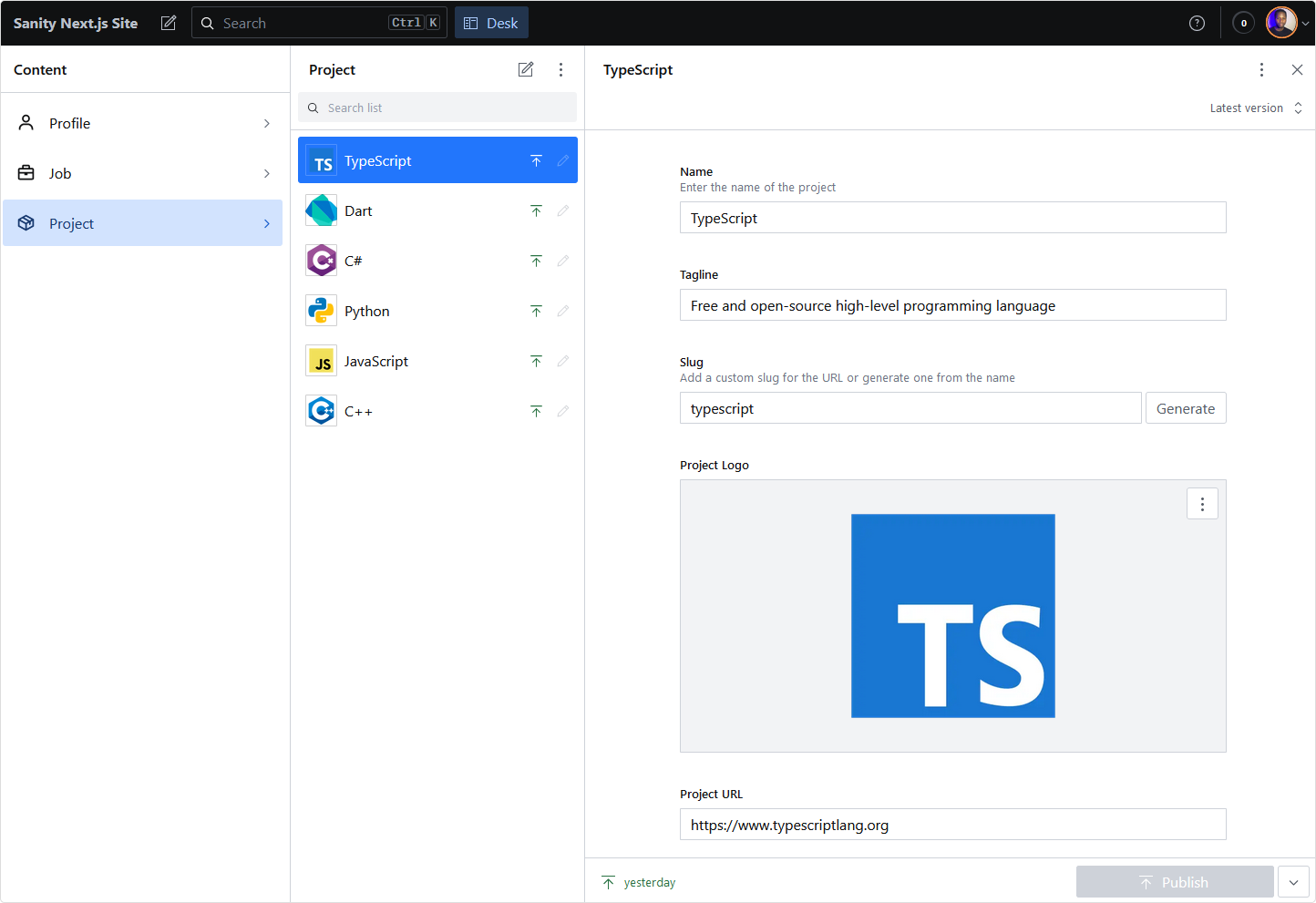 Sanity studio showing project schema fields