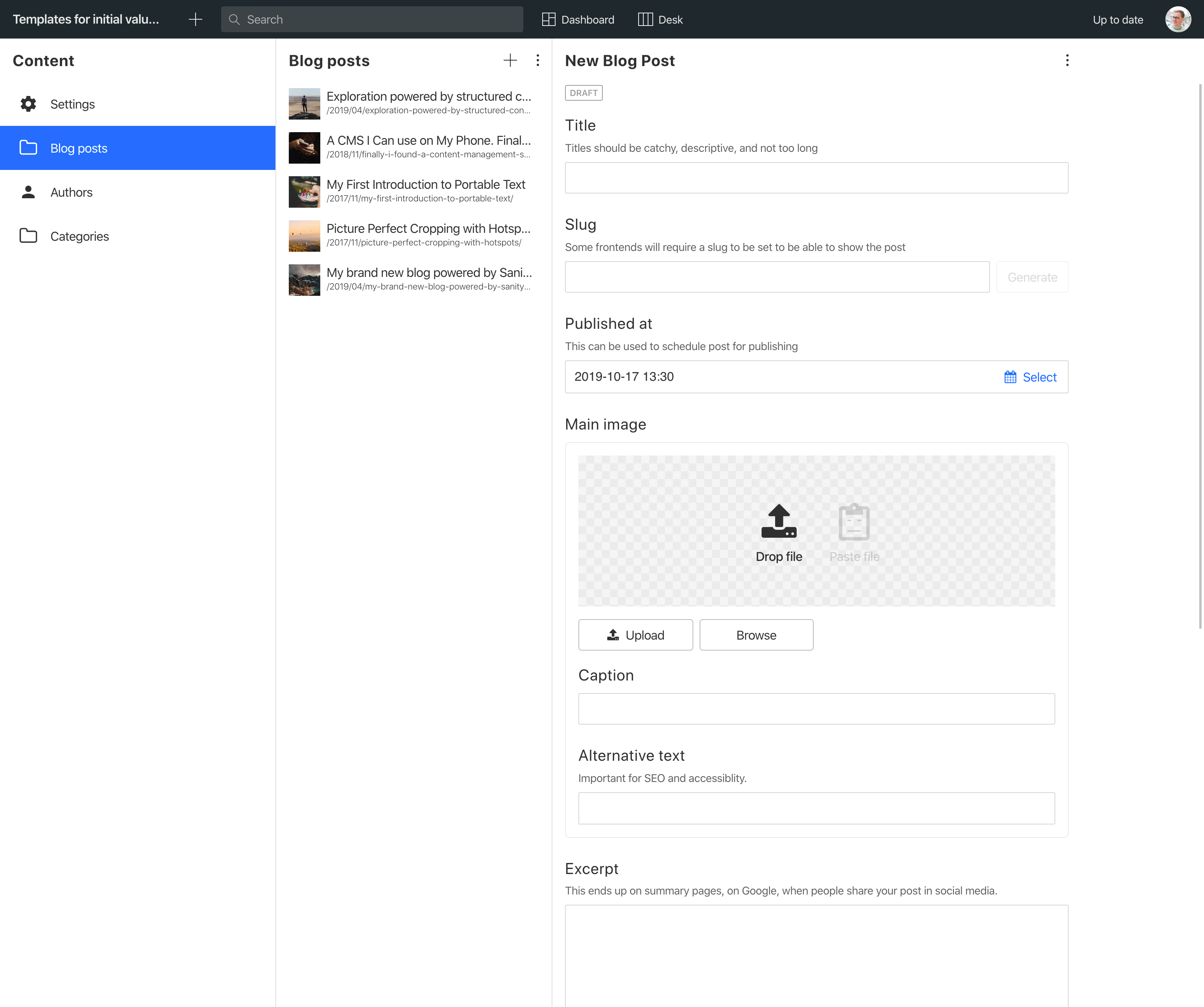 The publishedAt field with the current time preset on a new document