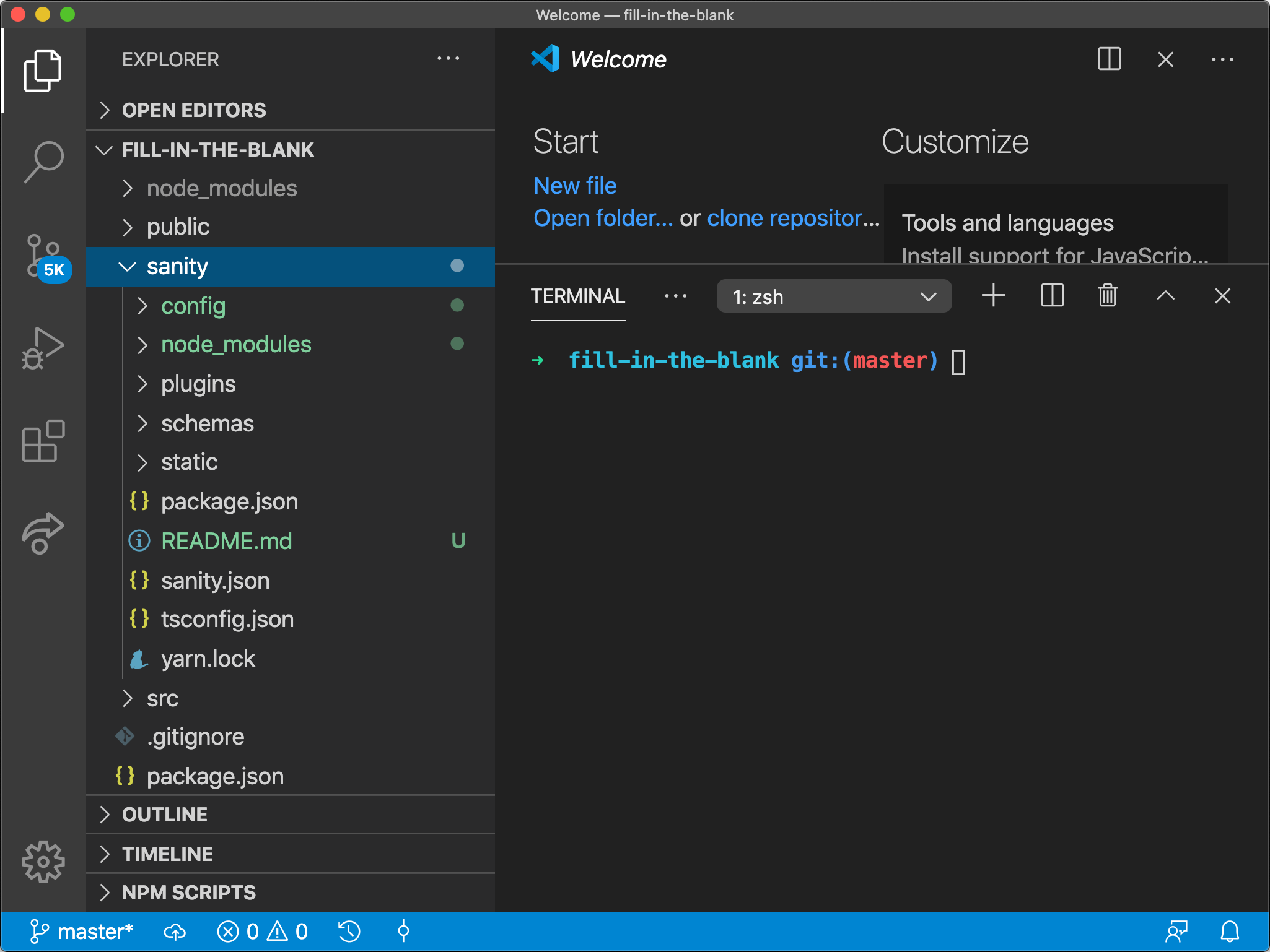 Screenshot of VSCode after sanity init